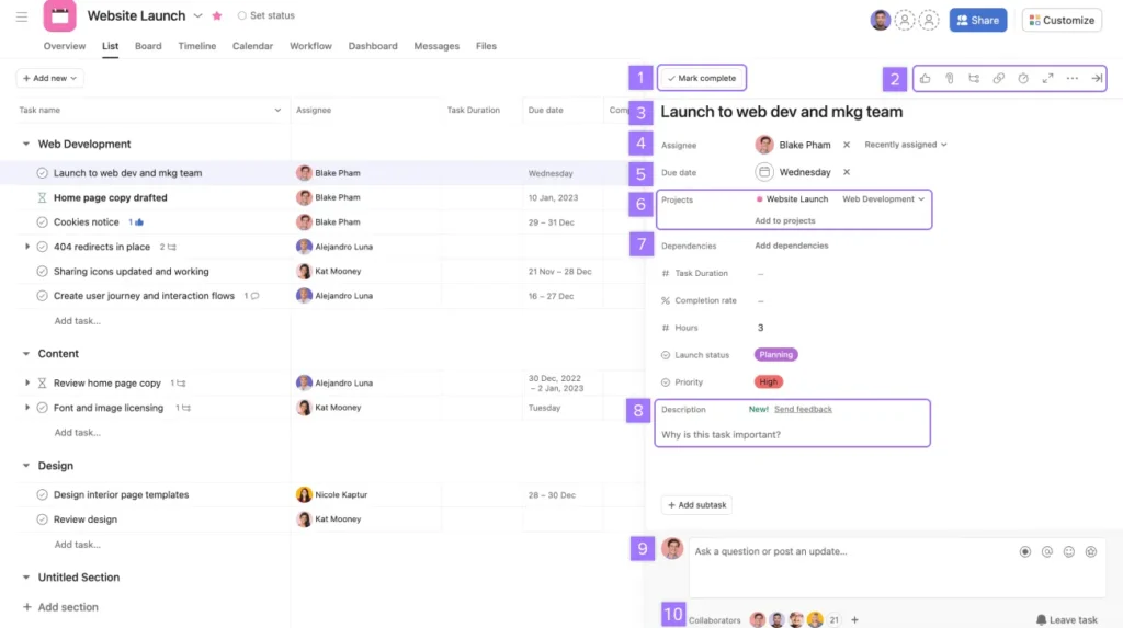 Asana kullanıcı arayüzü görseli